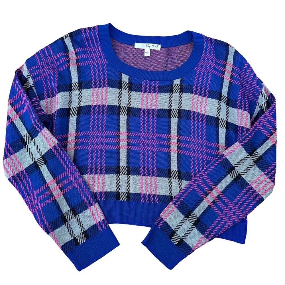 Say What? Women’s Crop Long Sleeves Sweater Multicolor Blue/Neon Pink Size L